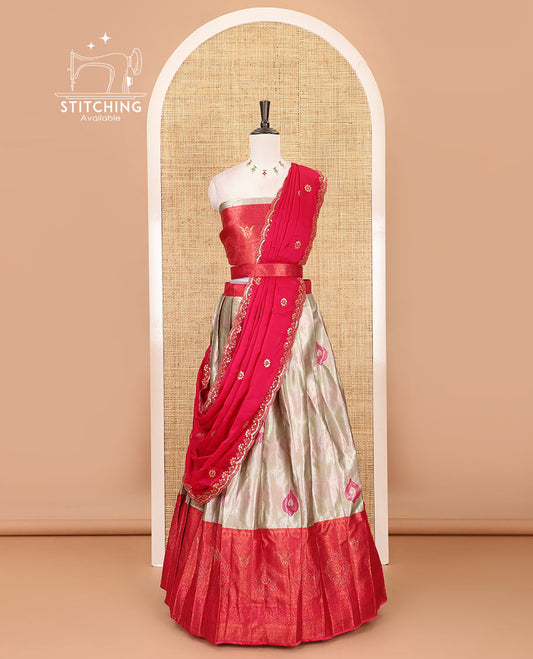 Chikku-Rani pink banarasi tissue half-saree, jacquard with contrast traditional stone work border skirt, matching blouse, and contrast embroidered Syska georgette scallop dhavani