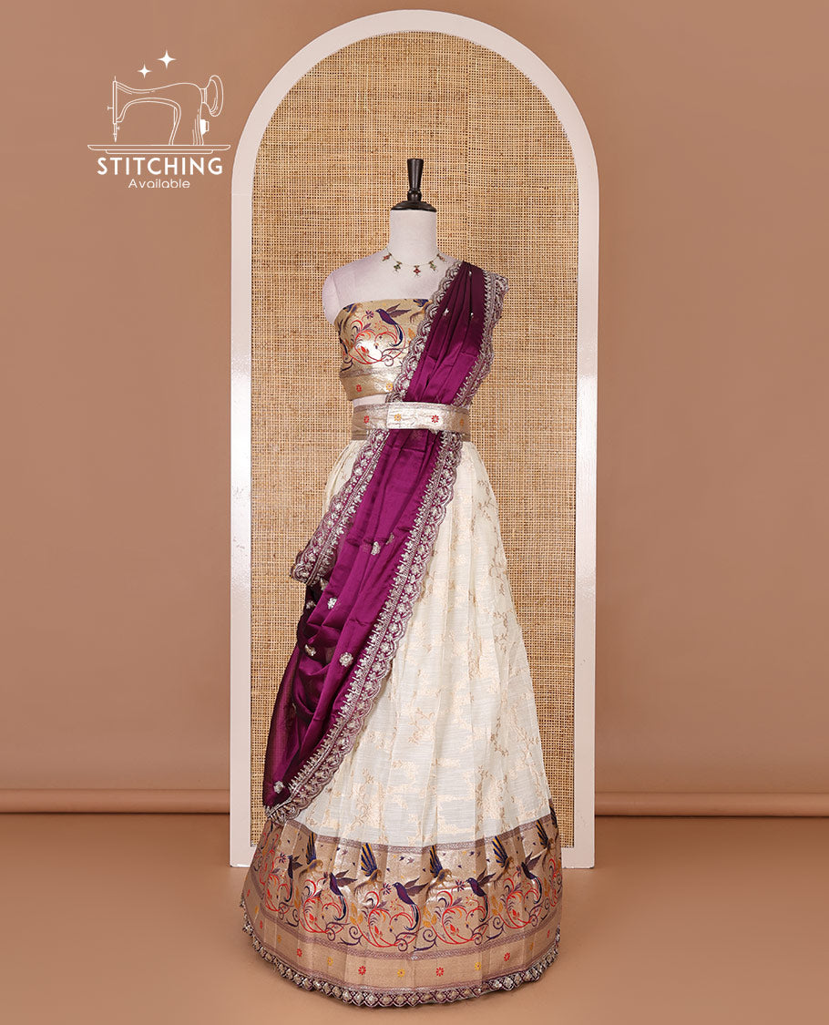 Cream banaras halfsaree, jaal jacquard skirt, contrast rani paithani border, matching blouse, and Syska georgette embroidered dhavani
