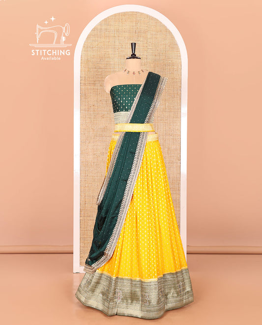 Yellow Buttas Embroidered Half-Saree with Contrast Traditional Motifs, Embroidered Viscose Georgette Border, Contrast Blouse, Intricately Embroidered Syska Georgette Dhavani, and a Embroidered Belt