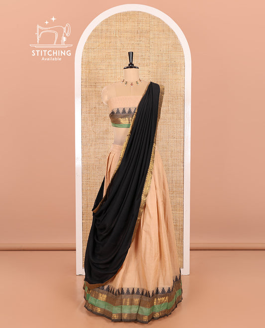 Ivory-Black Chettinad Cotton Half-Saree Featuring a Plain Skirt, Highlighted with a Contrast Traditional Zari Rettai Pettu Temple Border, a Subtly Woven Matching Blouse, and a Vichitra Silk Contrast Traditional Zari-Bordered Dhavani