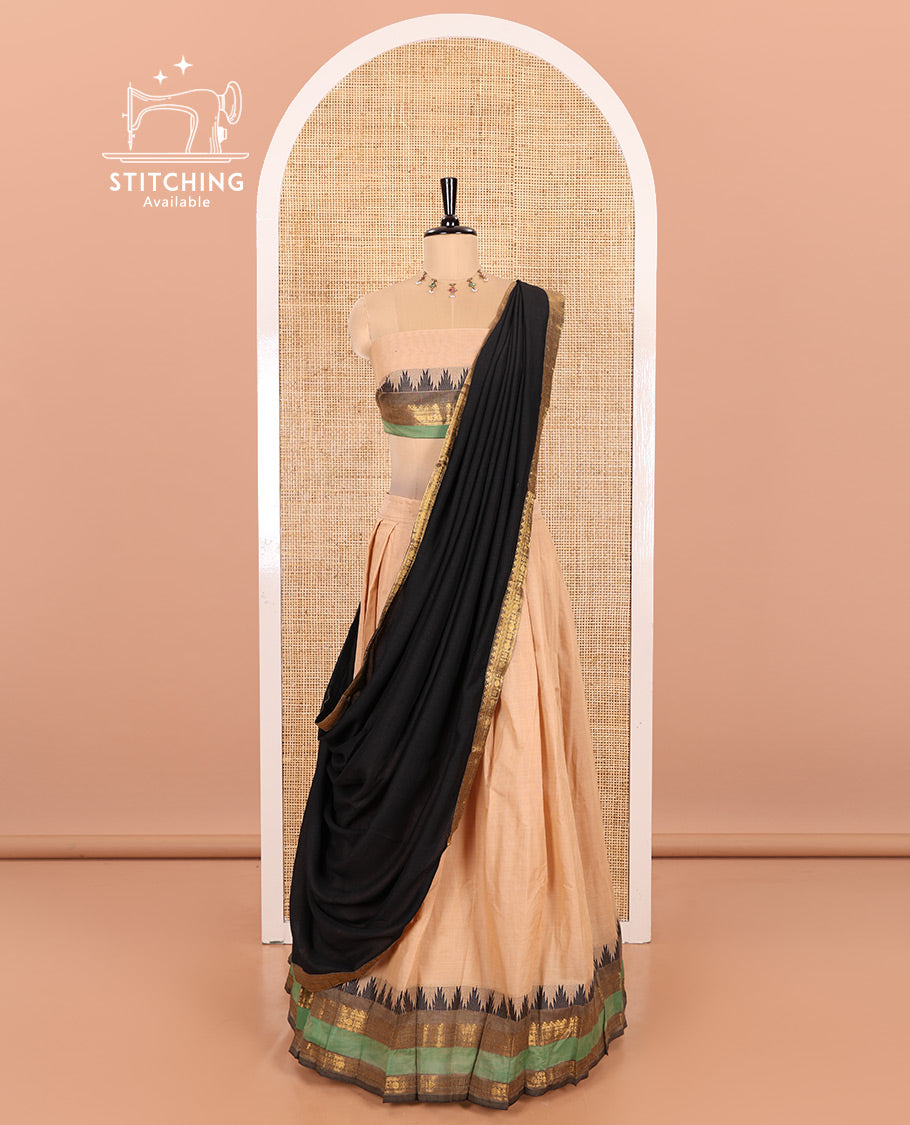 Ivory-Black Chettinad Cotton Half-Saree Featuring a Plain Skirt, Highlighted with a Contrast Traditional Zari Rettai Pettu Temple Border, a Subtly Woven Matching Blouse, and a Vichitra Silk Contrast Traditional Zari-Bordered Dhavani