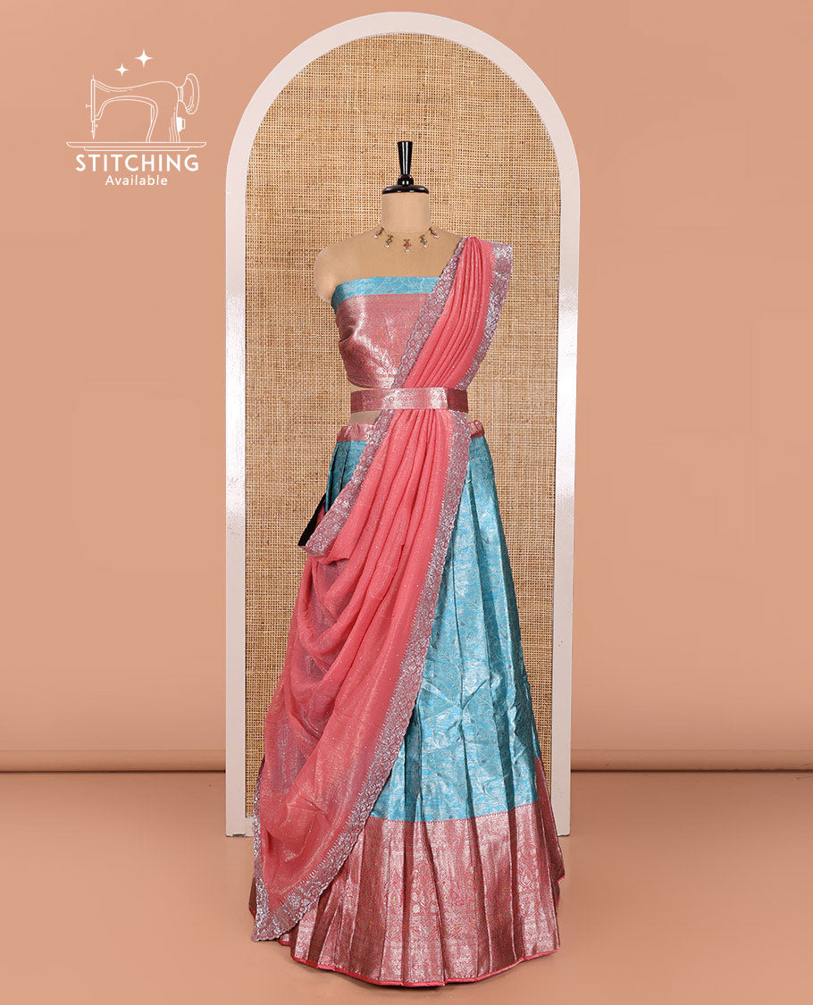 Blue Banarasi Half-Saree Featuring Jacquard Design Skirt, Complemented by Contrast-Rich Zari-Woven Intricate Border, Paired with a Matching Blouse, Contrast Velvet Organza Stone Work Dhavani, and Brocade Belt
