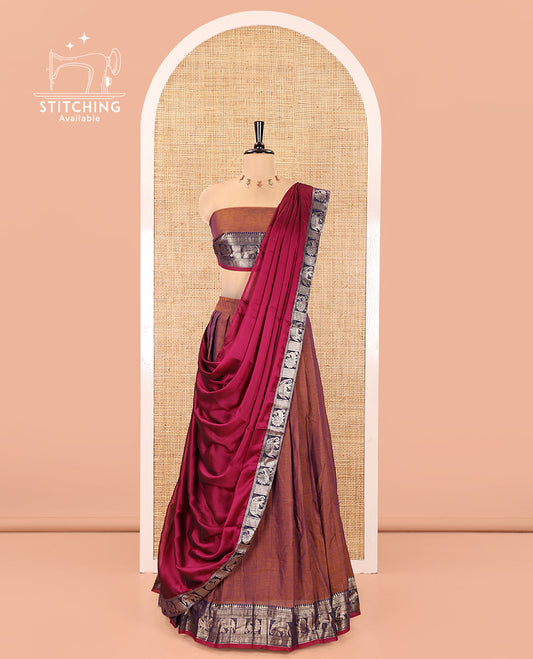 Dark Onion Pink-Rani Pink Mercerised Cotton Half-Saree Features Plain with Contrast Traditional Zari Bordered Skirt, Paired with a Matching Blouse, and Comes with a Contrast Bordered Dhavani