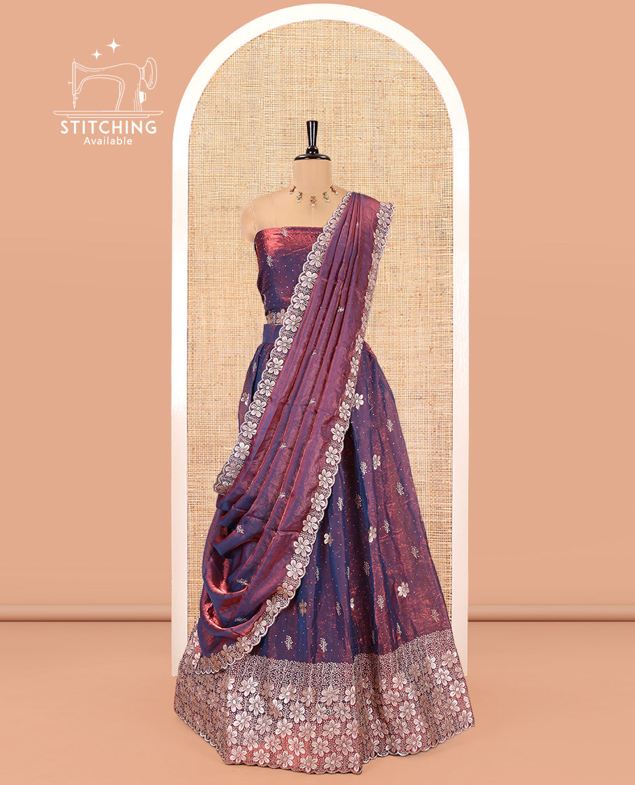 Soft Raspberry Fendi Organza Half-Saree Set, Features Floral Embroidered Skirt, Matching Blouse, Embroidered Dupatta