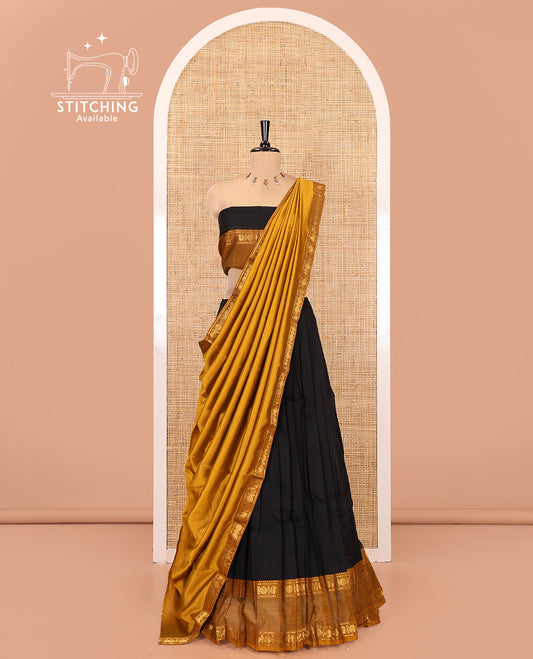 Black-Mustard Chettinad Cotton Half-Saree Featuring Plain Skirt, Contrast Rettai Pettu Rudraksham Border, Matching Blouse, Syska Georgette Dhavani