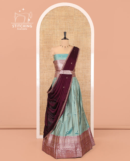 Firozi Green-Magenta Banarasi Silk Half-Saree Featuring Buttas Skirt, Contrast Traditional Border, Matching Blouse, Syska Georgette Embroidery Dhavani