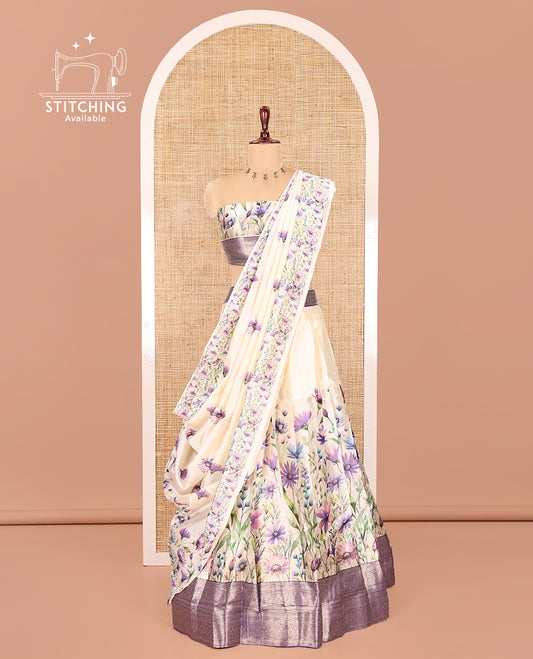 Cream-Violet Semi-Silk Half-Saree Features Floral Printed Skirt, Contrast Border, Matching Blouse, Floral Printed Dhavani