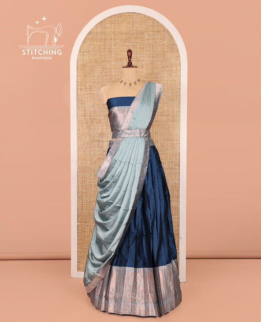 Blue Semi-Banaras Half-Saree, Plain Contrast Intricate-Bordered Skirt, Matching Blouse, Contrast Dhavani