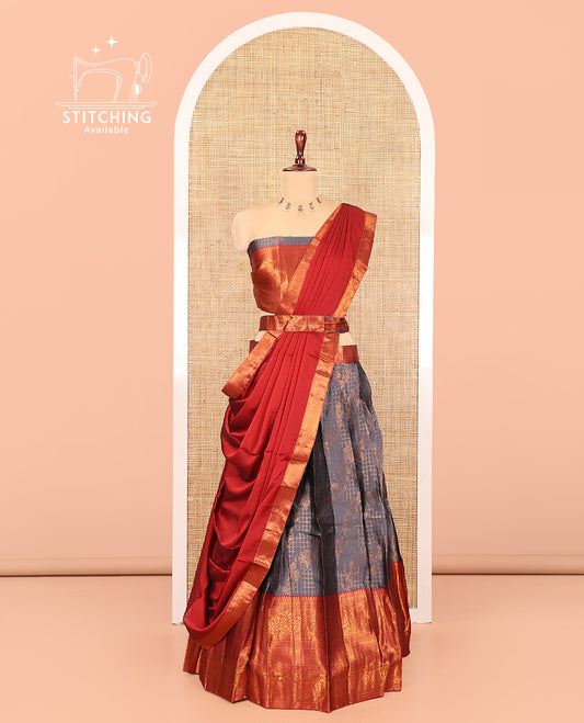 Grey-Red Semi-Banarasi Half-Saree Features Jacquard Skirt, Contrast Traditional Border, Matching Blouse, and Syska Georgette Dhavani