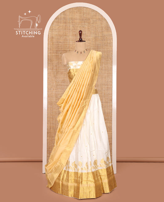 Cream Banarasi Silk Half-Saree, Adorned with Zari Buttas Skirt, Contrast Traditional Border, Matching Blouse, Contrast Zari Design Dhavani