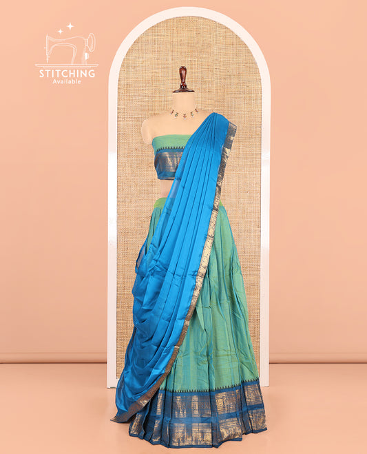 Light Rama Green-Sea Blue Chettinad Cotton Half-Saree, Plain Contrast Traditional Zari-Bordered Skirt, Matching Blouse, and a Contrast Dhavani