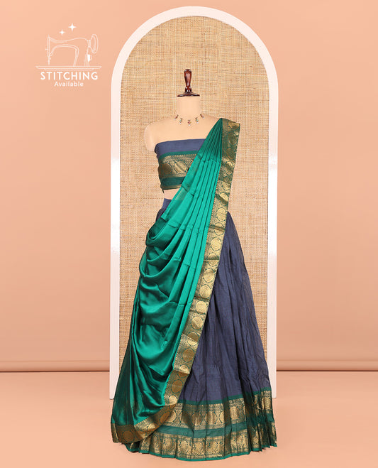 Steel Blue-Green Chettinad Cotton Half-Saree, Plain Contrast Annam-Chakram Zari Bordered Skirt, Matching Blouse, and a Contrast Dhavani