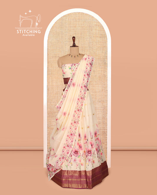 Cream-Magenta Semi-Silk Half-Saree Features a Floral-Printed Skirt, a Contrast Traditional Border, a Matching Blouse, a Floral Dhavani