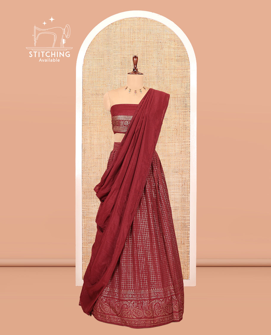 Maroon Vichitra Silk Half Saree with Zari Checks, a Traditional Zari Border, Matching Blouse and a Dhavani