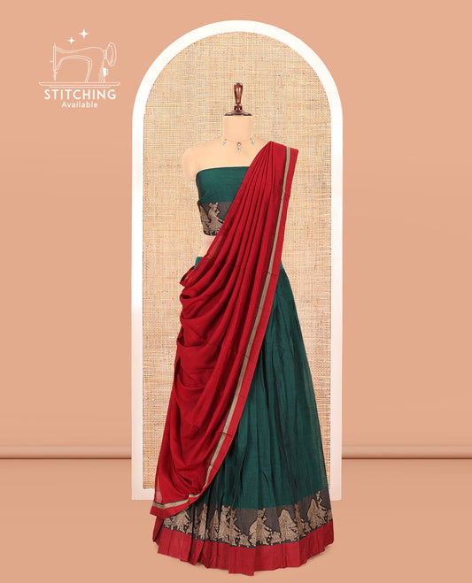 Green Mercerised Cotton Half-Saree Features a Plain Skirt, a Contrast Wedding-Themed Border, a Matching Blouse, a Contrast Dhavani