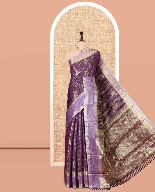 Violet Semi-Kanchi Silk Saree Features Zari Checks and Buttas, a Contrast Traditional Border, Jaal Pallu, Matching Blouse