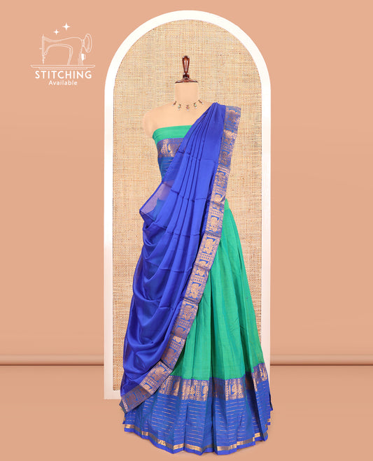 Rama-Royal Blue Mercerised Cotton Half-Saree, Contrast Annam Bordered Skirt,Matching Blouse,Contrast Dhavani