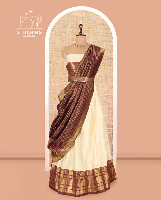 Cream-Dark Purple Semi-Silk Half-Saree