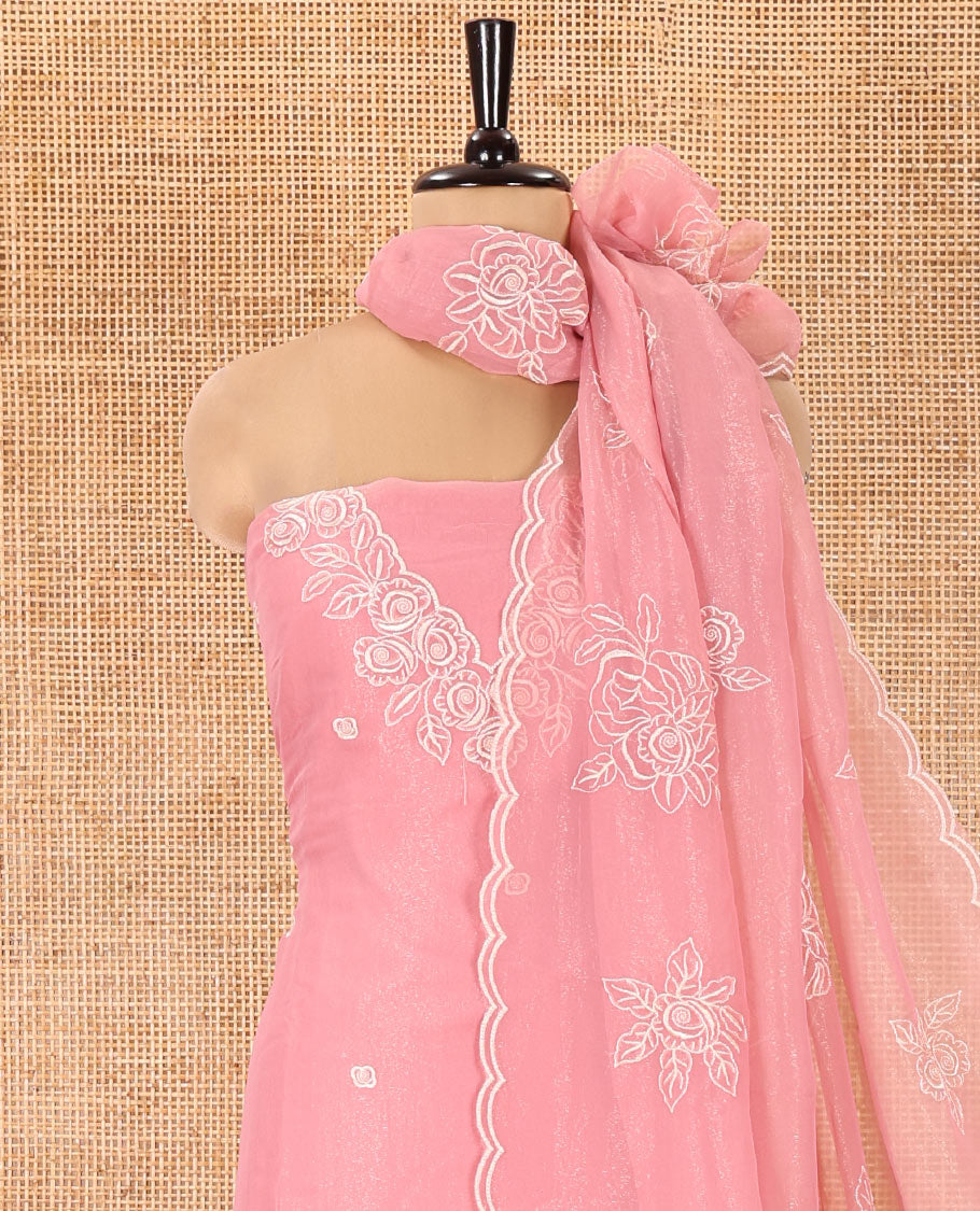 Pink Shimmer Georgette Material Chudidar Set, Artfully Detailed with Floral Thread Embroidery on Its Top, a Plain Santoon Bottom, and Comes with a Floral Embroidered Shimmer Georgette Dupatta