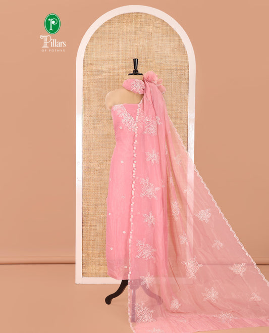 Pink Shimmer Georgette Material Chudidar Set, Artfully Detailed with Floral Thread Embroidery on Its Top, a Plain Santoon Bottom, and Comes with a Floral Embroidered Shimmer Georgette Dupatta