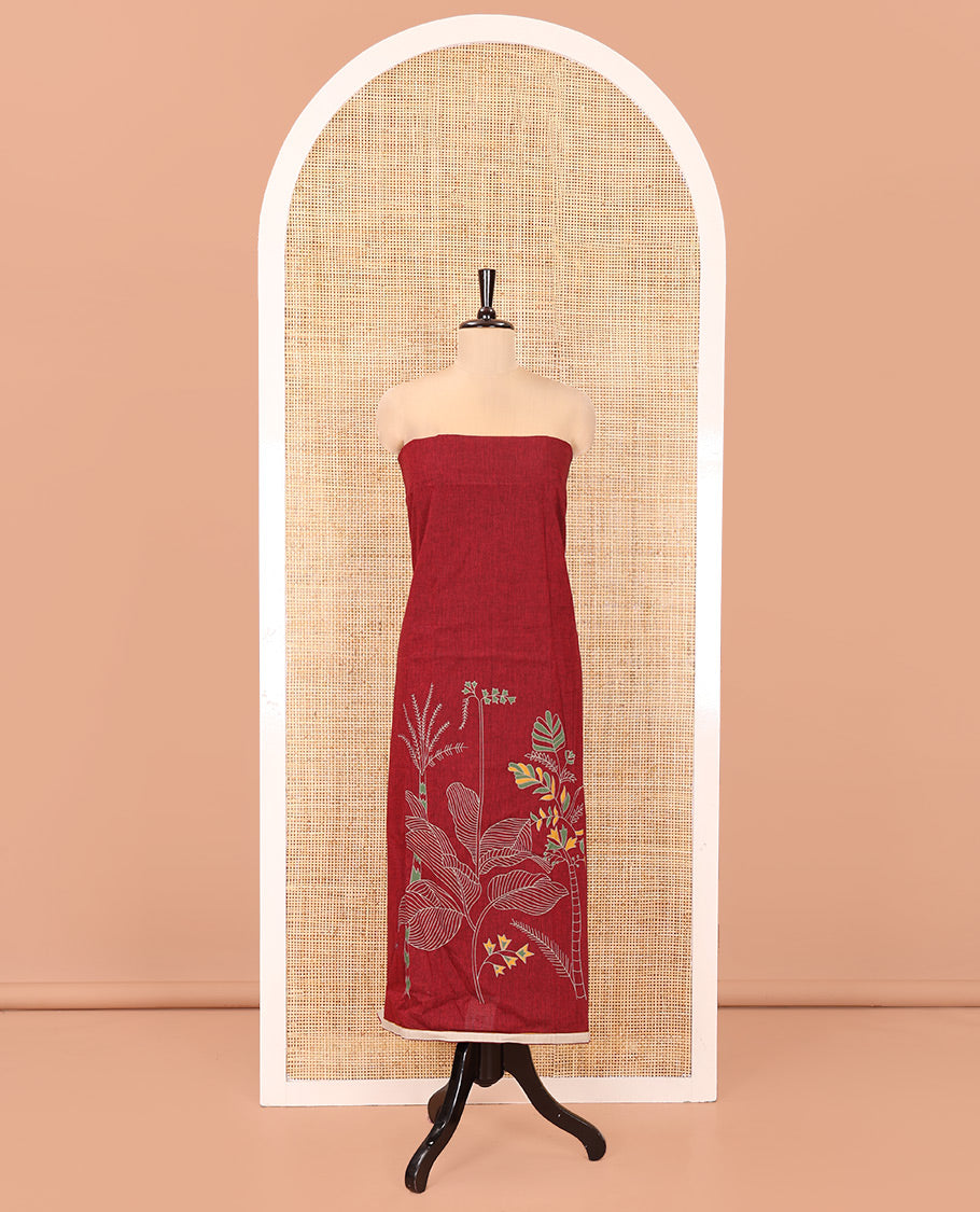Maroon Handloom Cotton Material Chudidar Set, Beautified with Floral Design Print On Its Top, Complemented by Contrast Bottom, and Paired with a Contrast Floral Printed Dupatta