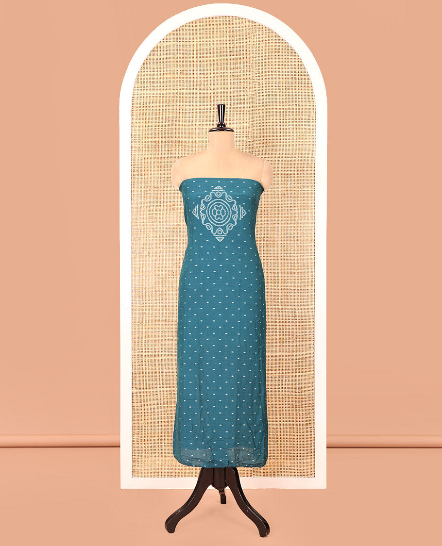 Rama Green Mul Chanderi Material Chudidar Set, Subtly Printed with Bandhani-Style Printed Top, a Plain Santoon Bottom, and Paired with a Matching Mul Chanderi Bandhani-Dotted and Zari-Woven Dupatta