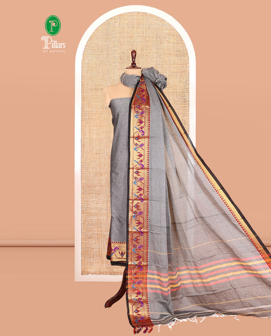 Grey Mercerised Cotton Material Chudidar Features Plain Top, Contrast Paithani Zari Border, a Plain Bottom and a Matching Dupatta