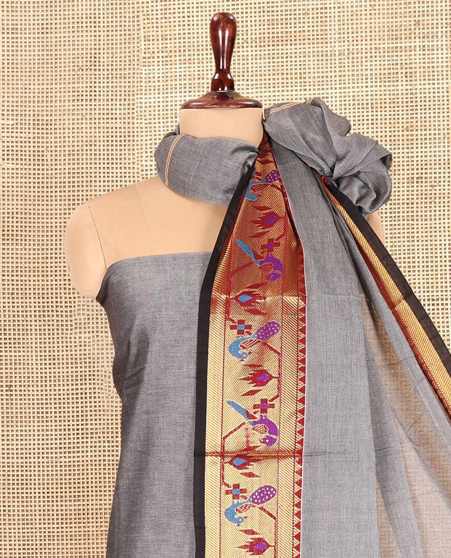 Grey Mercerised Cotton Material Chudidar Features Plain Top, Contrast Paithani Zari Border, a Plain Bottom and a Matching Dupatta