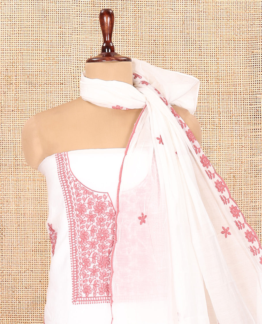 White-Onion Pink Mul Chanderi Material Churidar Features a Floral-Themed Thread-Embroidered Top, a Plain Santoon Bottom, and Thread Embroidered Dupatta