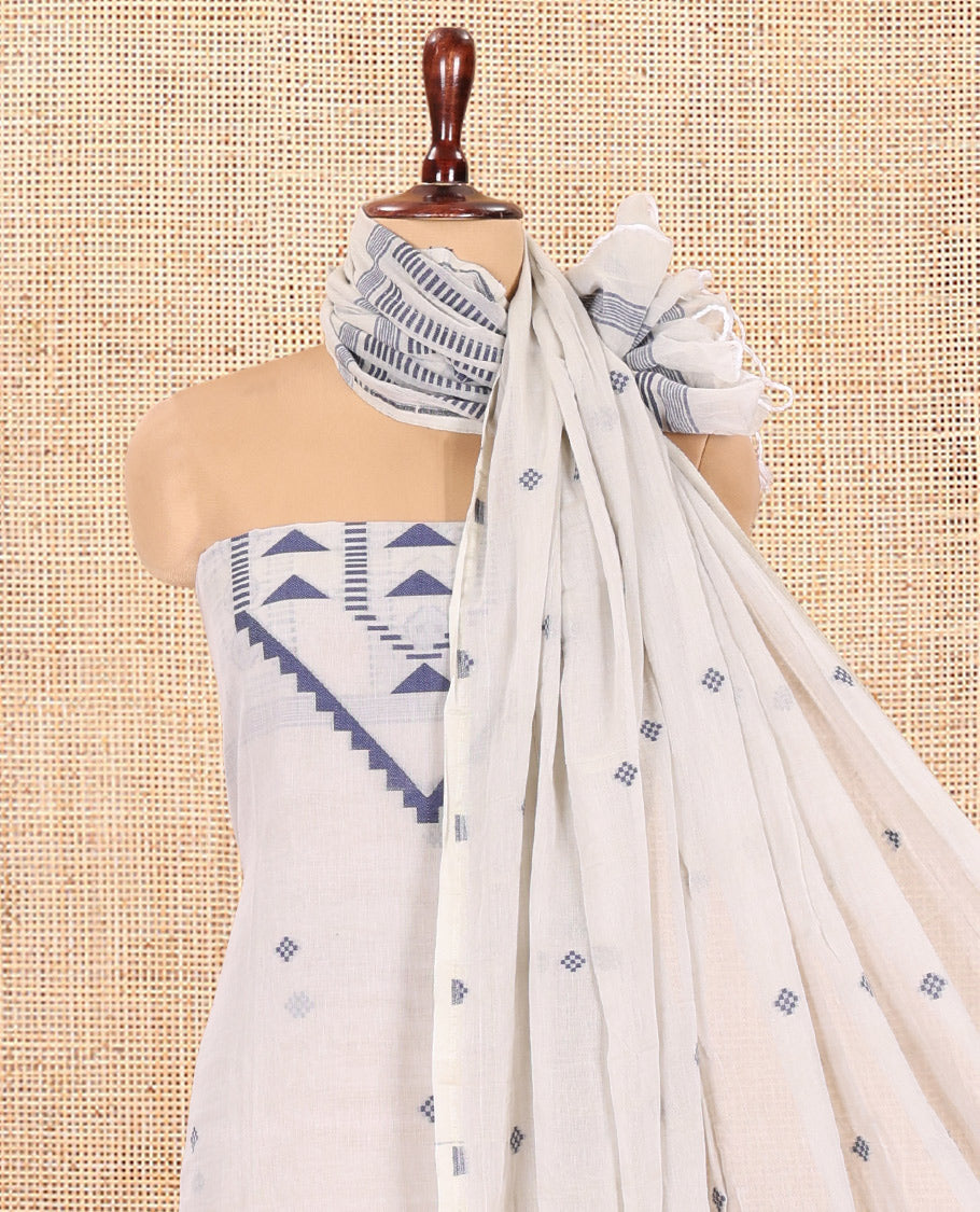 Silver Mul Cotton Material Chudidar Features Jamdani-Style Top, Striped Bottom, a Jamdani Dupatta