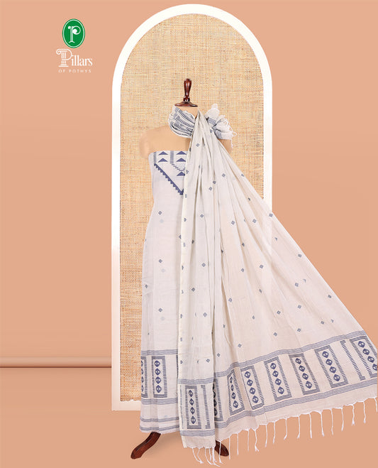 Silver Mul Cotton Material Chudidar Features Jamdani-Style Top, Striped Bottom, a Jamdani Dupatta