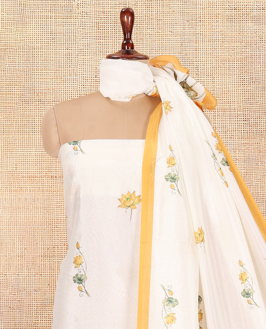 Cream-Yellow Semi-Silk Material Chudidar, Lotus Printed Top, Matching Bottom, Lotus Printed Dupatta