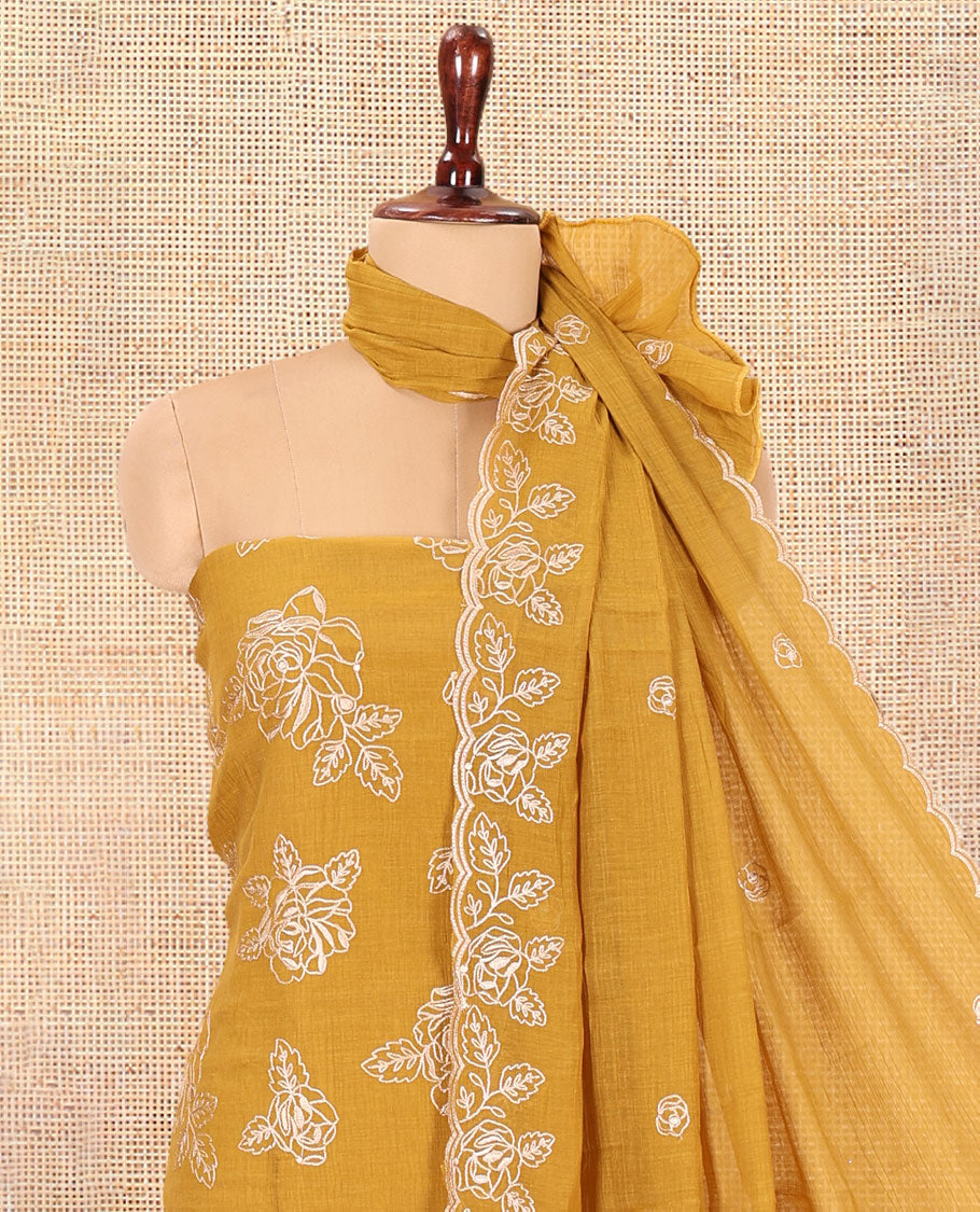 Mustard Mul Crush Chanderi Material Chudiddar, Floral Embroidered Top, Plain Bottom, Embroidered Dupatta