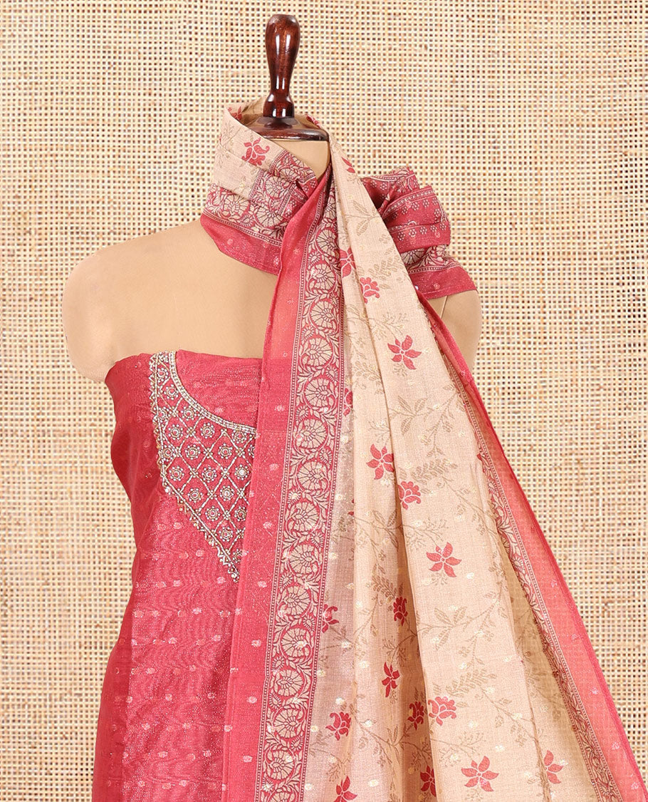 Gajri Chanderi Tissue Material Chudiddar, Buttas Neckwork Top, Plain Bottom, Contrast Floral Dupatta