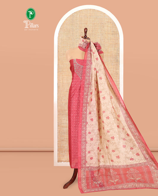 Gajri Chanderi Tissue Material Chudiddar, Buttas Neckwork Top, Plain Bottom, Contrast Floral Dupatta