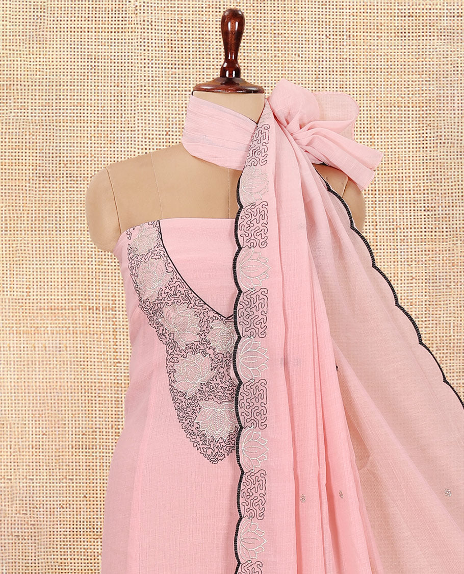 Peach Mul Chanderi Material Chudiddar, Floral Embroidered Top, Plain Bottom, Embroidered Dupatta