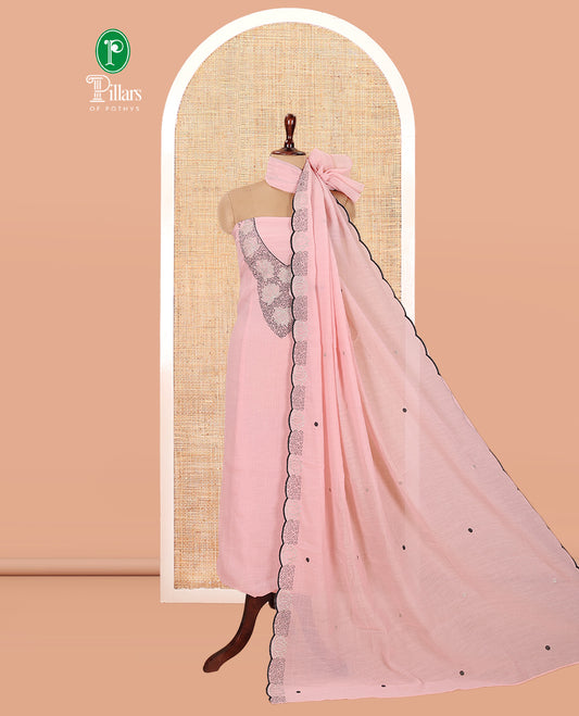 Peach Mul Chanderi Material Chudiddar, Floral Embroidered Top, Plain Bottom, Embroidered Dupatta