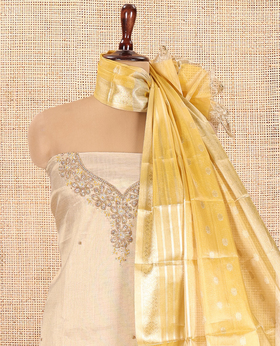 Chikku-Yellow Shimmer Tissue Material Churidar, Elevated with Bead Neck Embroidered Top, a Contrast Bottom, and a Sparsely Woven Dupatta