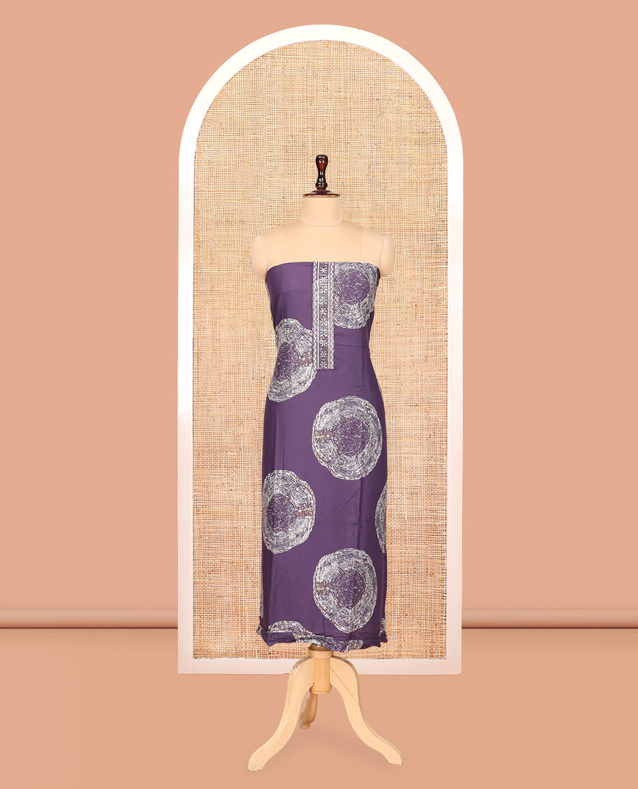 Dark Lavender Rayon Material Churidar Features Circle Buttas and Neck Embroidery Top, a Contrast Bottom, Shibori Printed Dupatta