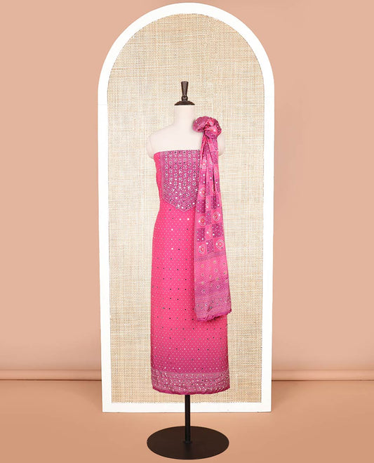 Pink with mangenta bandhani print stone, mirrror work crepe chudidhar material top with american crepe pant & bhandani print, mirror work dupptata