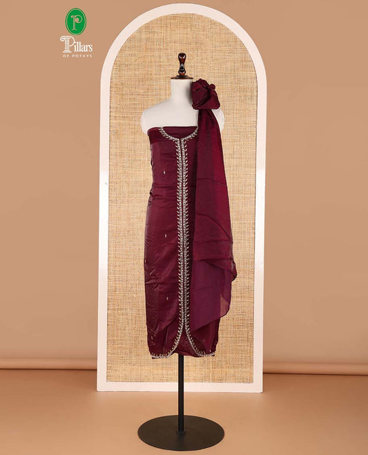 Wine color sherwani pattern , hand work velvet organza chudidhar material top with american crepe pant & one side bead work dupatta