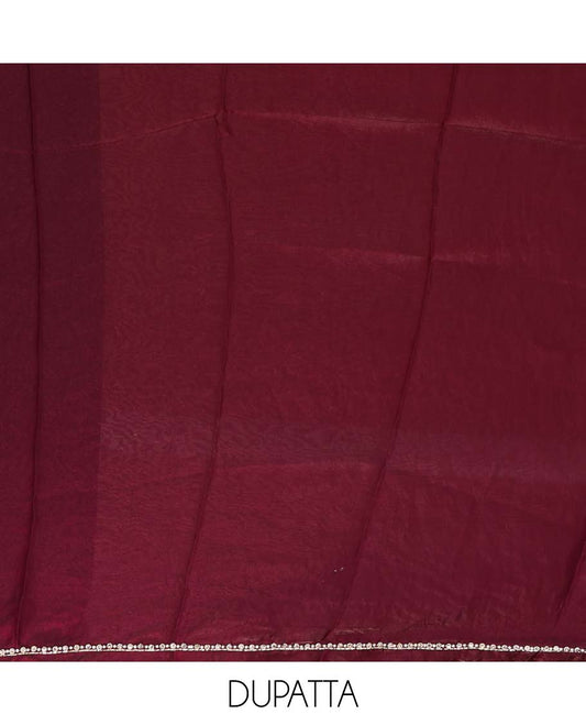 Wine color sherwani pattern , hand work velvet organza chudidhar material top with american crepe pant & one side bead work dupatta