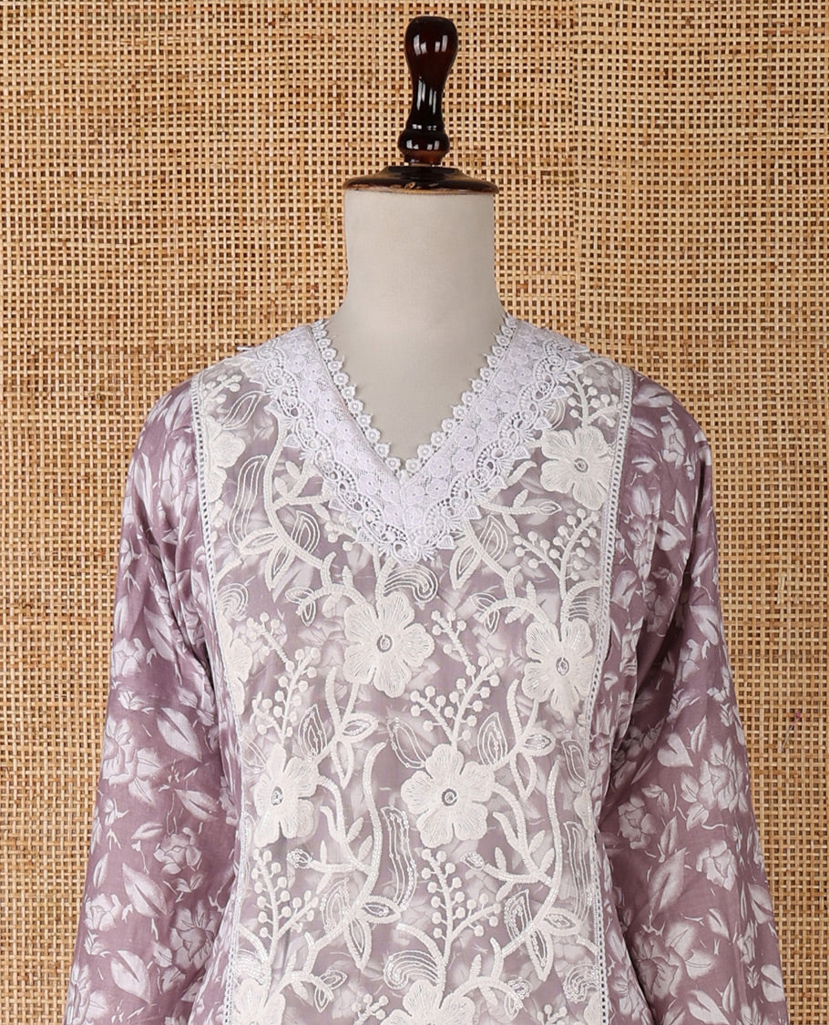 Pink chudidar material set, floral embroidery with daman crochet lace work jam cotton top, white thread argyle design embroidery with lace work nazlin dupatta, unique motifs printed bottom