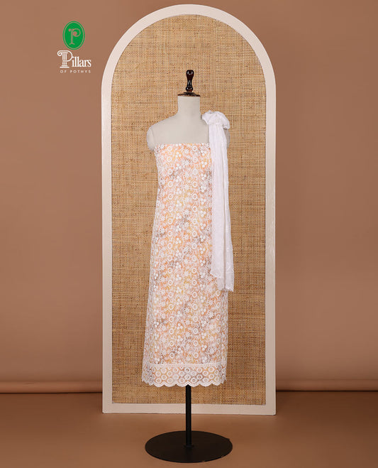 Orange chudidar material set, shibori-print & floral vine chikankari embroidered top,printed cotton bottom & floral chikankari embroidery chiffon dupatta