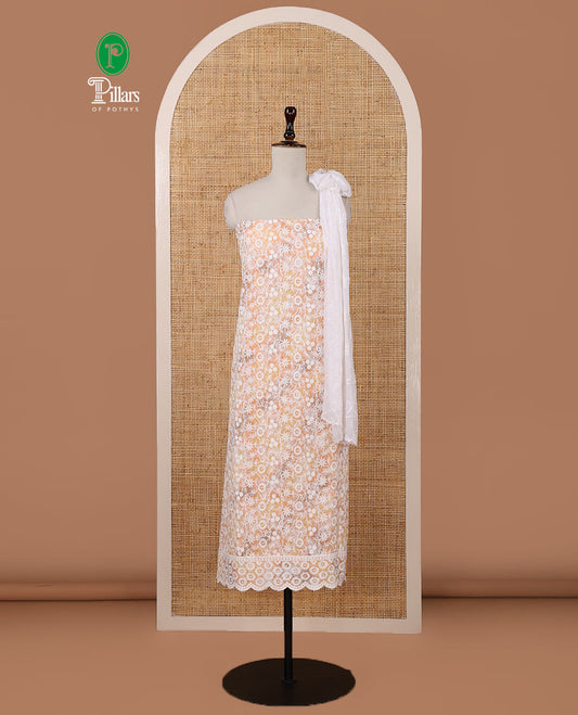 Orange chudidar material set, shibori-print & floral vine chikankari embroidered top,printed cotton bottom & floral chikankari embroidery chiffon dupatta