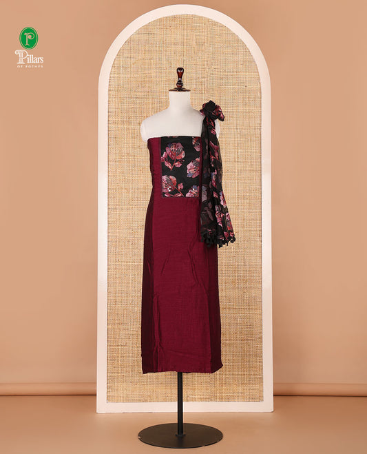 Purple chudidhar material,brasso floral print & mirrorwork patch neck vichitra silk top,santoon bottom & brasso floral print dupatta