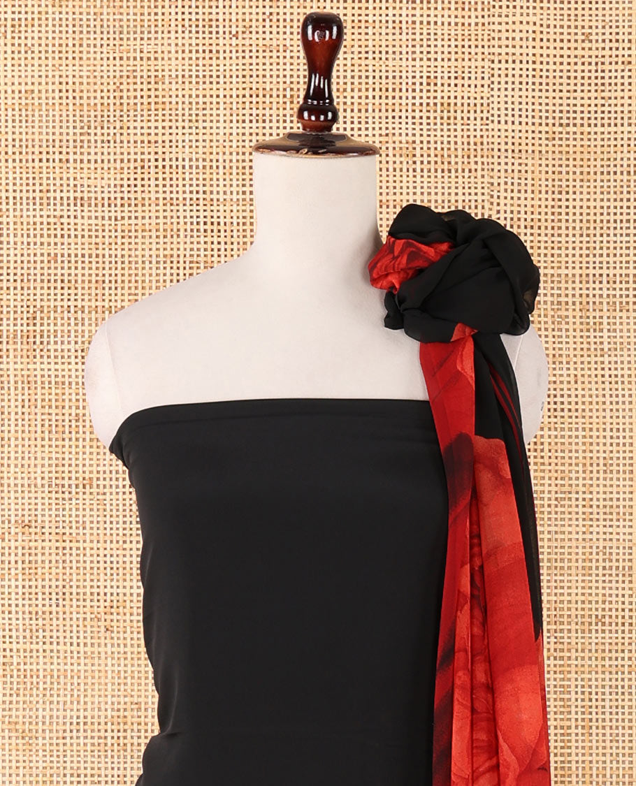 Black chudidhar material, big gulab motifs printed Italian crepe top, plain Italian crepe bottom & gulab printed georgette dupatta