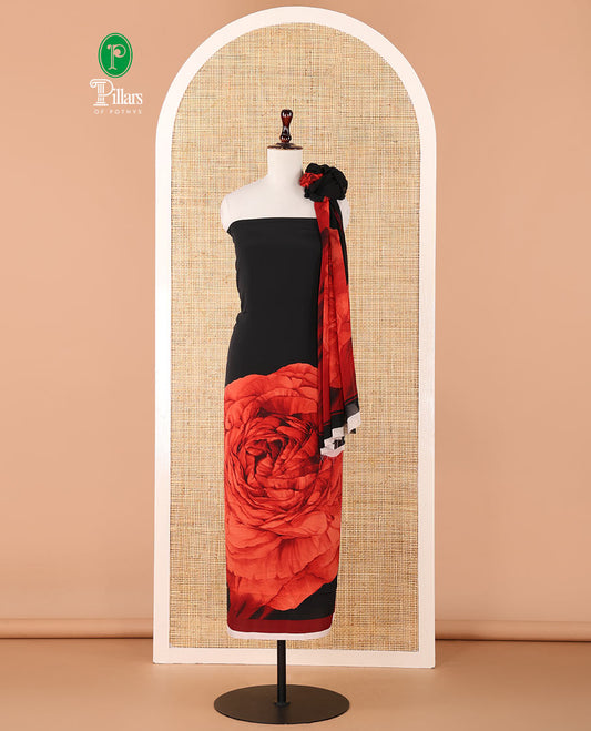 Black chudidhar material, big gulab motifs printed Italian crepe top, plain Italian crepe bottom & gulab printed georgette dupatta