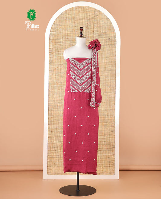 Strawberry pink vichitra crush material chudidar, thread & bead floral embroidery top, plain santoon bottom & floral thread embroidery dupatta