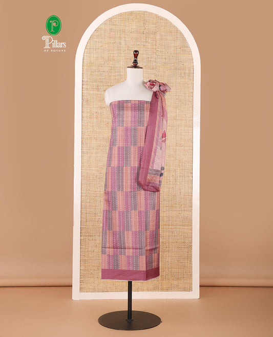 Onion pink semi-tussar material chudidar set,geometric & kantha print top,heathered plain bottom & dupatta of geometric & floral print